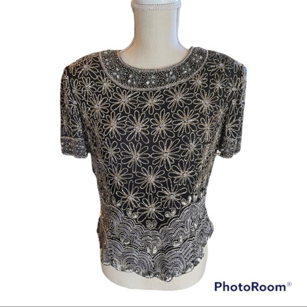 Adrianna Papell boutique silk beaded sequin black silver floral sz med top vtge